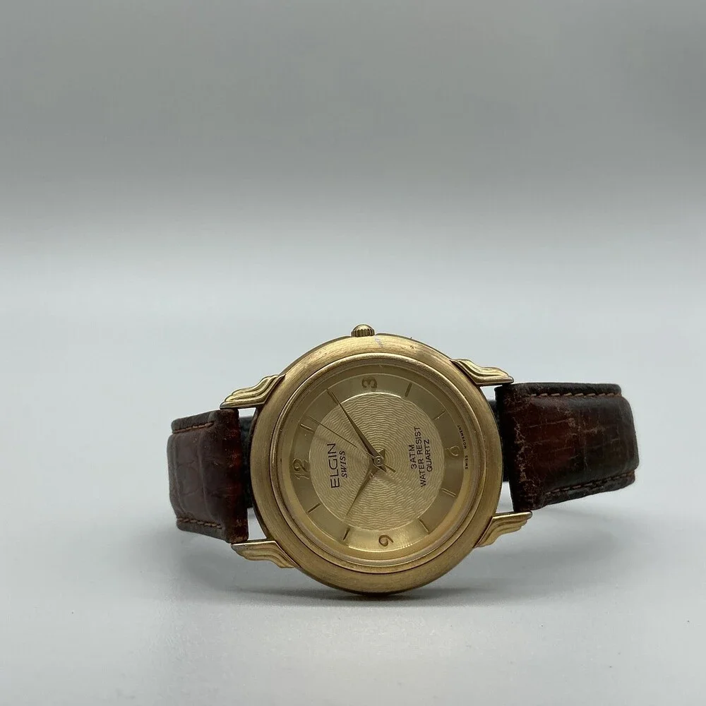 Elgin Swiss Mens Watch 36mm Gold Tone Brown Leather FLS30-040 New Battery